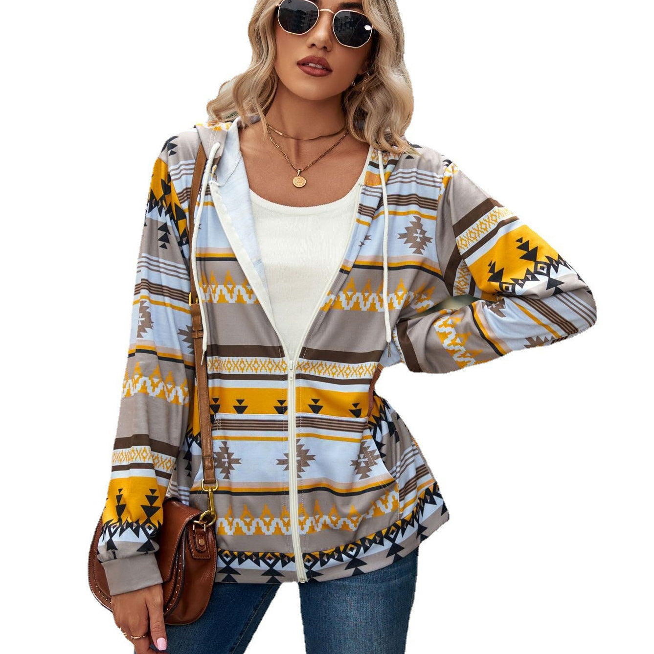 Wholesale Autumn and Winter Hooded Pocket Sweatshirt Geometric Pattern Long Sleeve Loose Jacket